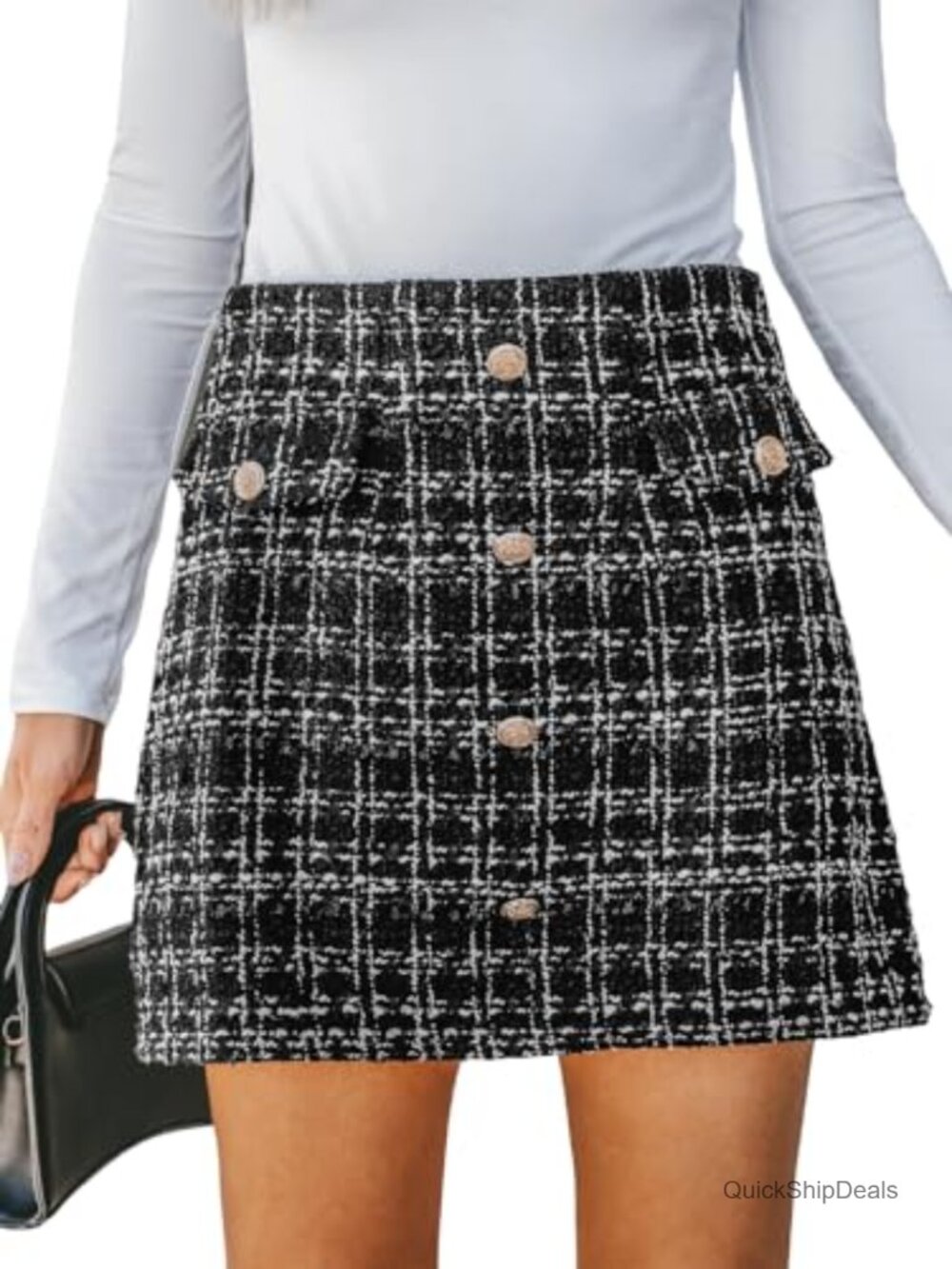 High Waist Plaid Tweed Mini Skirt Button Front A-Line